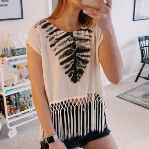 Ark & Co. White Tie Dye Fringe Top